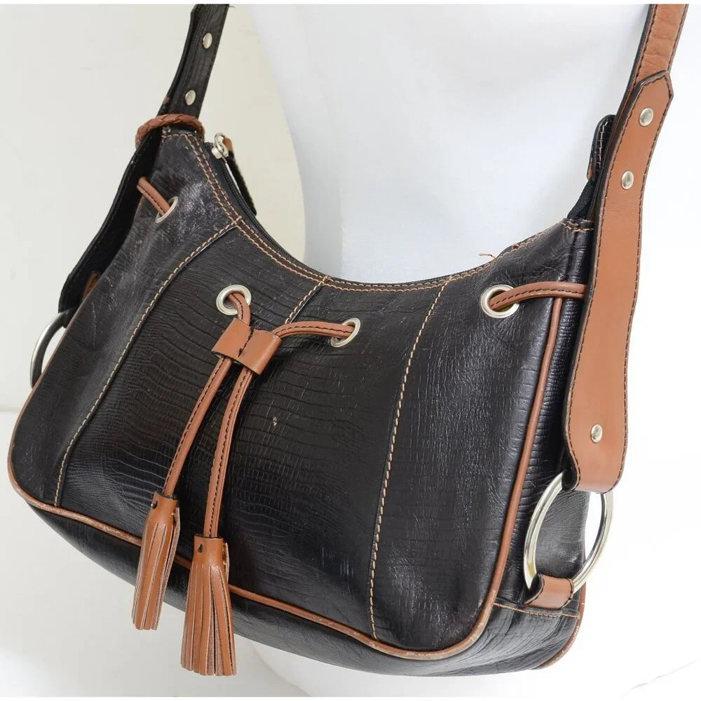 Sharif Studio Black Textured Leather Fringe Crossbody Satchel Handbag‎ Purse